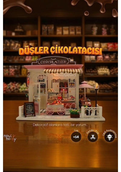 Düşler Çikolatası 3d Puzzle Ahşap Minyatür Maket Kiti Dıy Kendin Yap Led Işıklandırmalı Maket Ev