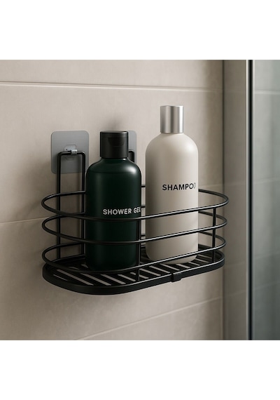 Krom Yapışkanlı Dikdörtgen Tek Katlı Banyo Ve Mutfak Rafı Duş Şampuanlık Duvar Düzenleyici Organizer Siyah