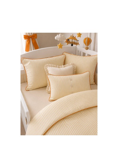 H&c Bebek Nevresim Takımı Keten Dokulu 4 Parça Biyeli Çizgili Beşik 100x150 CM Nevresim Seti Çarşaf Sarı Krem Çizgili - Turuncu Biyeli