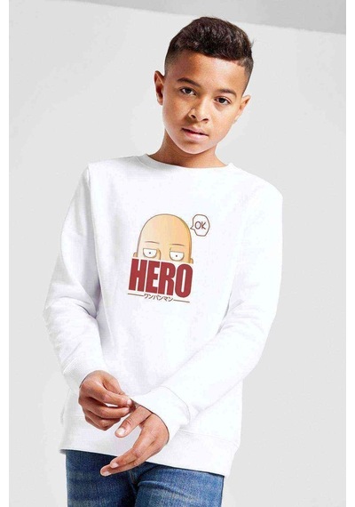 Tshirthane One Punch Man Hero Baskılı Unisex Çocuk Beyaz Sweatshirt Beyaz