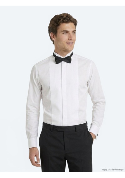 Kip Beyaz Düz Slim Fit Duble Manşet Smokin Gömlek Beyaz -