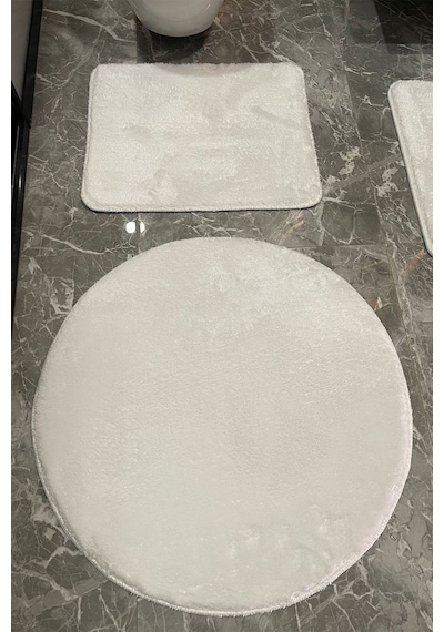 3'lü Yıkanabilir Post Beyaz Banyo Halısı Peluş Klozet Takımı 80x80 Yuvarlak + 50x60 Ve 60x100 Klozet Beyaz