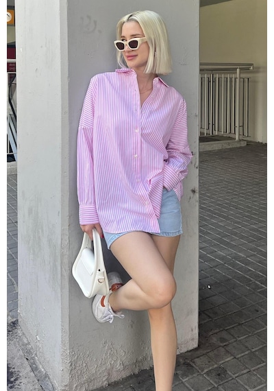 Madmext Pembe Çizgili Over Fit Gömlek Mg1525 Pembe