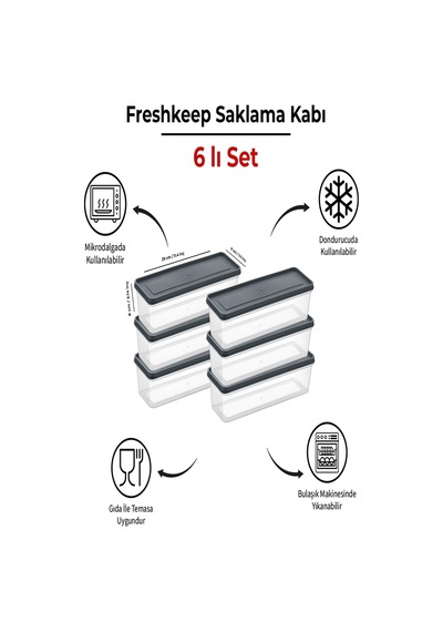 6'lı Saklama Kabı 1,3 Litre Derin Dondurucu Mikrodalga Uyumlu Gri