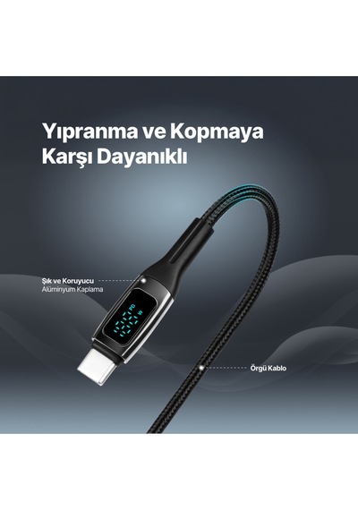 Ttec 2DK57S Alumicable Lcd USB-C – USB-C 100W PD/Qc 150 CM Hızlı Şarj/Data Kablosu Siyah