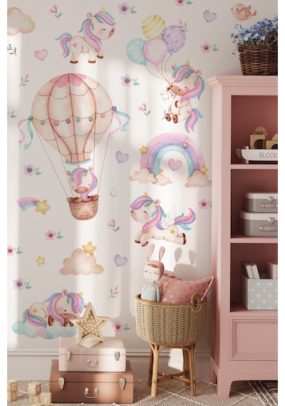 Unicorn Duvar Sticker Seti 125 Parça Balonlu Gökkuşağı Ve Uçan Unicorn Çocuk Odası Duvar Süsü Dijital Baskı