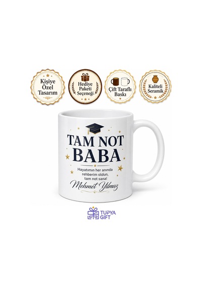 Tam Not Baba Yazılı Kupa Bardak Babalar Günü Özel Hediye Porselen Beyaz / Çok Renkli