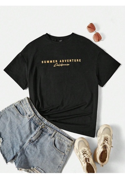 Unisex Siyah Oversize Summer Baskılı Örme T-shirt Siyah