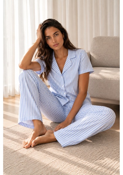 Kadın Loose Uzun Paça Pamuk Mavi Pijama Takımı