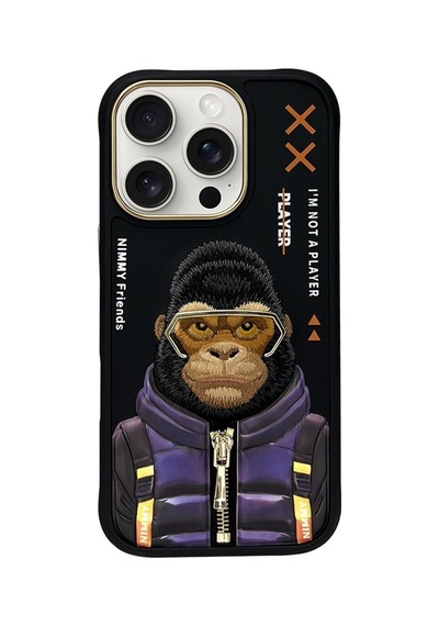 Apple iPhone 16 Pro Uyumlu 3d Gerçek Nakış Fermuar Mont İşlemeli Gorilla Desenli Silikon Kılıf 2.0