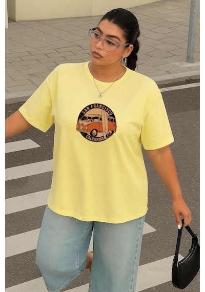 Büyük Beden San Francısco Woswos Baskılı Unisex Tişört Sarı