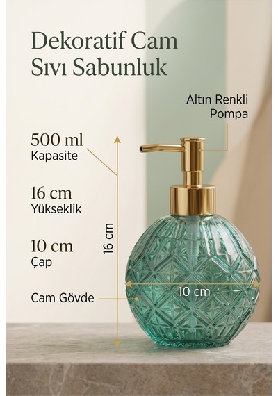 Boby Diamond Küre Cam Sıvı Sabunluk Gold Pompalı Kristal Desenli Dekoratif Banyo Ve Mutfak Dispenseri - 16 Cm X 10 Cm - 500ml - Yeşil