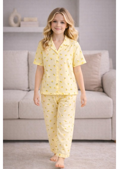Beka Kids Kız Çocuk Önden Düğmeli Devrik Yaka Kısa Kol Uzun Pantolon Desenli Pijama Takımı Sarı