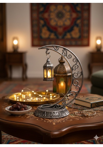 Dekoratif 28 Cm Hilal Eskitme Gümüş Ramazan Led Lamba 10 Cm Kancalı Set Diğer