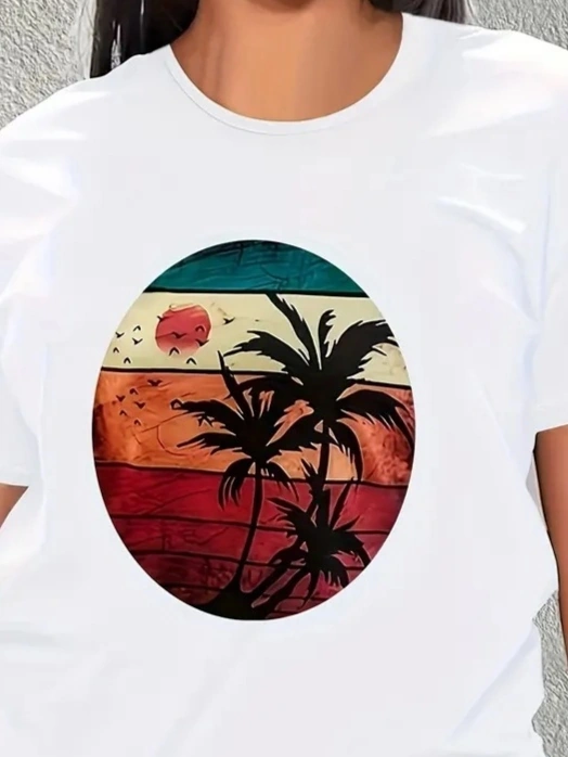 Periliçekeçe Kadın Kısa Kollu Palmiye Baskılı Viskon T-shirt Beyaz