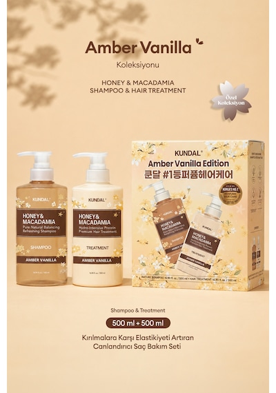 Canlandırıcı Saç Bakım Seti Kundal Honey & Macadamia Nature Shampoo+treatment-amber Vanilla Edition