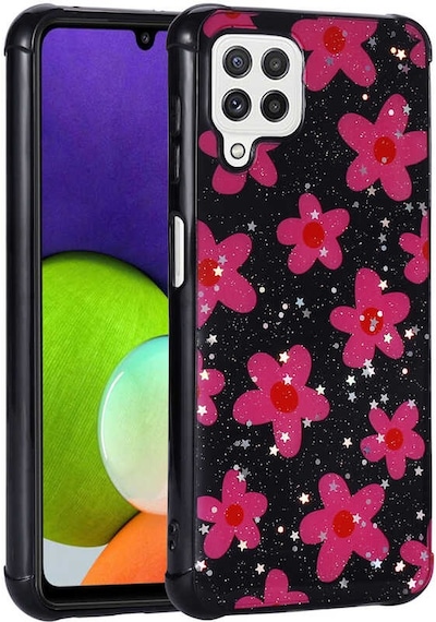 Galaxy Uyumlu M32 Kılıf Simli Desenli Kamera Korumalı Parlak Popy Kapak - Çiçek Çiçek Çiçek