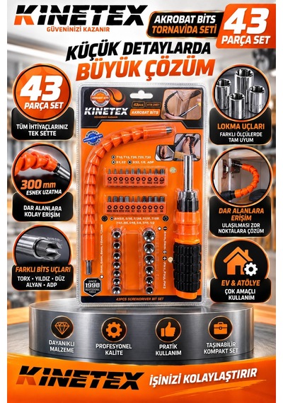 43 Parça Akrobat Bits Tornavida Seti 300 Mm Esnek Uzatmalı Lokma Ve Uç Seti