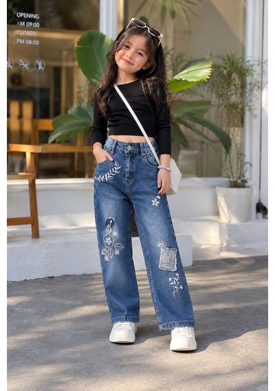 Minigimin Cicileri Kız Çocuk Çiçek Nakışlı Bol Paça Denim Pantolon - Mavi