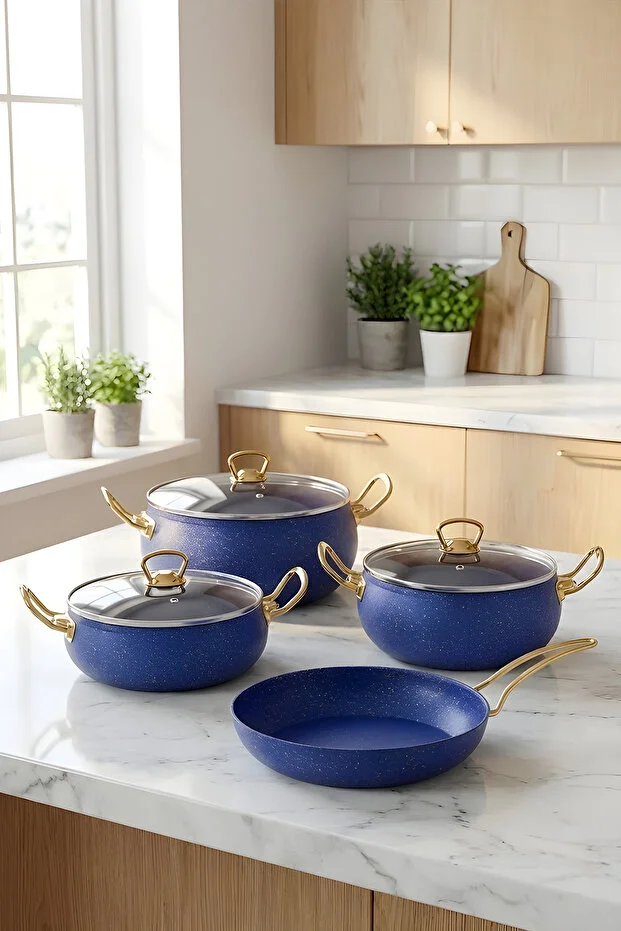 7 Parça Atlas Granit Tencere Ve Tava Seti 20 Cm 2.5l, 24 Cm 4.5l, 26 Cm Basık 3l, 26 Cm Tava Mavi