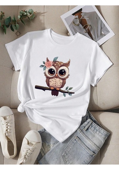 Flood Of Style Kadın Beyaz Baykuş Baskılı Oversize
