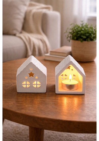 Dekoratif 2 Li Ev Mumluk + 2 Adet Tealight Mum Taş Tozu Ev Dekoru Beyaz