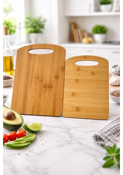 Makri Home İkili Bambu Kesim Panosu Seti, Küçük Boy: 28 20 Cm, Büyük Boy: 33 24 Cm Bambu