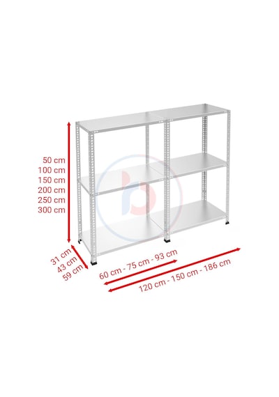 Raf Burada  3 Katlı Duble Galvaniz Çelik Raf - Depo, Arşiv, Kiler, Dosya, Market Rafı-59x93 cm-50 cm-1.00 mm