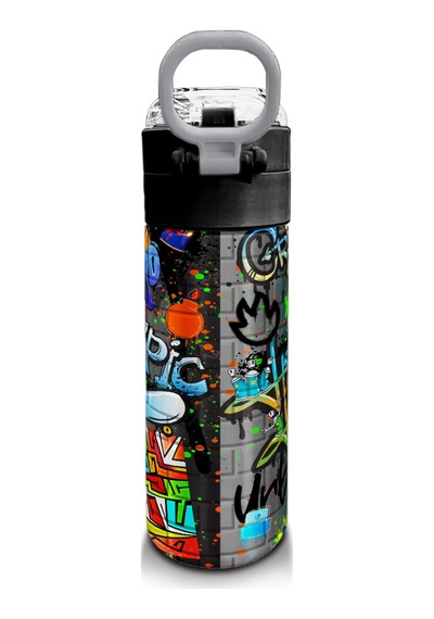 Coral High Kids Siyah Mavi Grafiti Desenli Pipetli Ve Direkt İçim Çelik Termos 500 Ml 31972 Saks Mavi