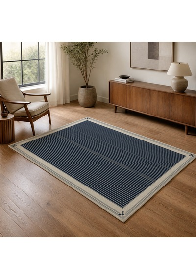 Kartela Halı İnce Çizgili Bordürlü Halı Lacivert Kaymaz Taban Makinede Yıkanabilir 180x270 Cm