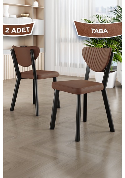 Fubi Serisi 2 Adet Taba Deri Mutfak,cafe, Restaurant Sandalyesi Siyah Metal İskeletli Taba Sandalye Siyah İskelet