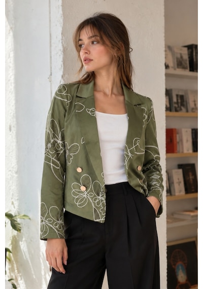 Armonika Kadın Yeşil Kruvaze Yaka Desenli Crop Ceket Arm-27k001025