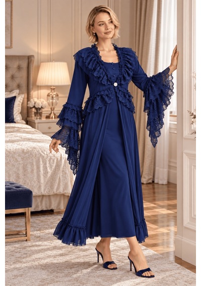 Mecit Pijama Mecit 6411 Lacivert Dantel Detaylı Kadın Sabahlık Gecelik Takım