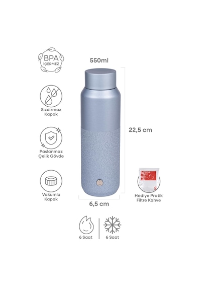 Mavi Metal Paslanmaz Çelik Matara 550 ML Kapaklı No:97