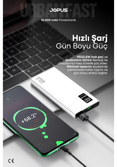 Jopus 10000mah Powerbank Pd 22.5w Hızlı Şarj - Dijital Ekranlı - Taşınabilir Şarj Cihazı Beyaz