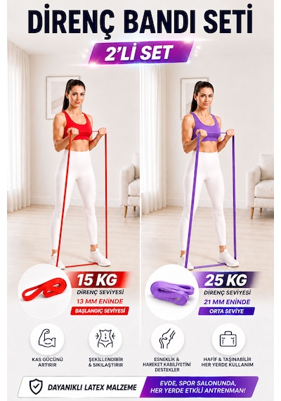 Spor Byfit 15 Kg Hafif Ve 25 Kg Orta Dirençli Set Power Güç Bandı Lastiği Kırmızı + Lila