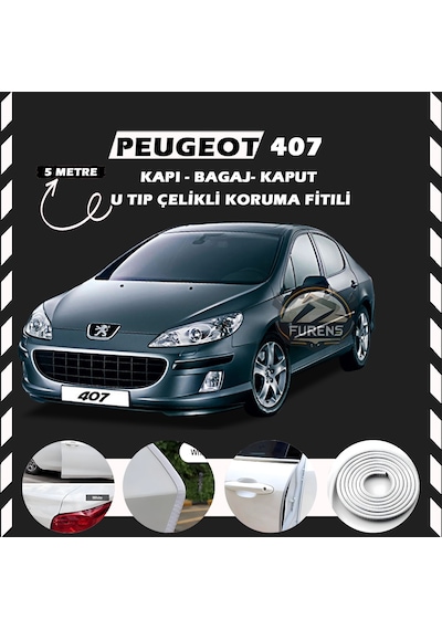 Peugeot 407 Oto Araç Kapı Koruma Fitili 5metre Parlak Beyaz Renk