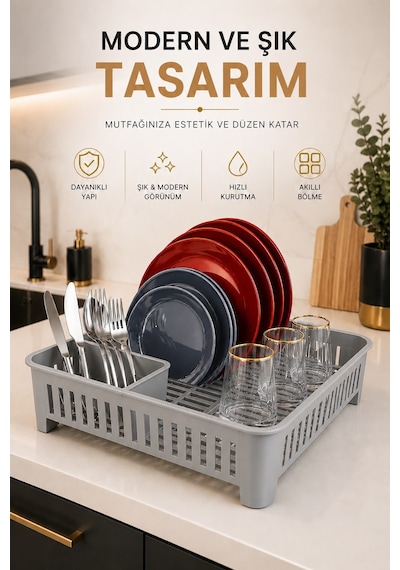 Sas Haus Bulaşıklık Tezgah Üstü Tabak Bardak Kurutmalık Plastik Bulaşık Sepeti 33x41 Cm Gri S-10567