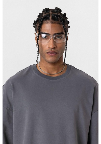 Vamos Basic Oversize Bisiklet Yaka Tişört Füme