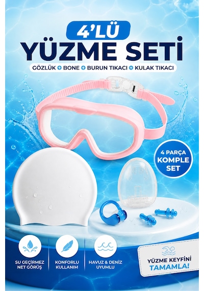 4'lü Havuz Deniz Yüzücü Dalış Maskesi Seti Pembe