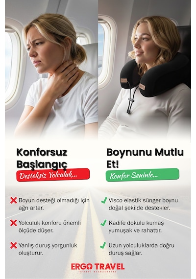 Viscofoam Lux Ortopedik Seyahat Yastığı Visco Boyun Destekli Seyahat Yastığı - Siyah | Ergo Travel
