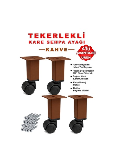 4 Adet 15cm Boy Kahve Kare Plastik Tekerlekli Mobilya Sehpa Ayağı Beyaz
