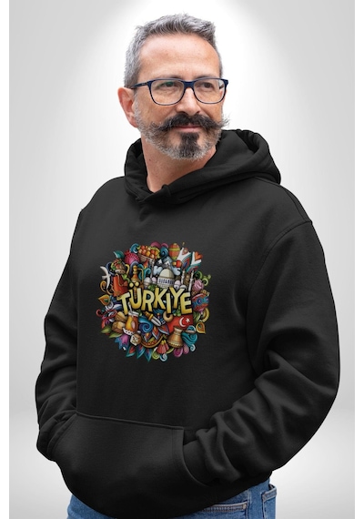 Turkiye Özel Karakterleri Kadın Erkek Siyah Kapüşonlu Sweatshirt Hoodie Siyah