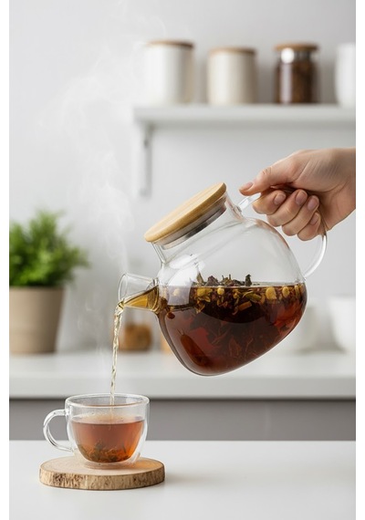 1000 Ml Bambu Kapaklı Isıya Dayanıklı Borosilikat Cam Demlik Ocak Üstü Şeffaf Bitki Çayı Demliği