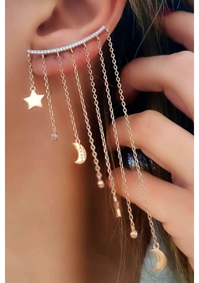 Ay Yıldız Figürlü Gümüş Rose Earcuff Tek Küpe