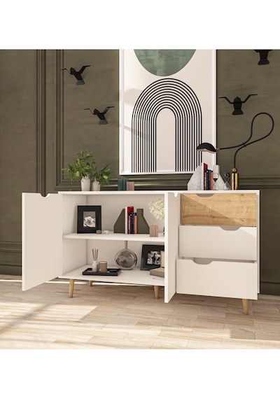 Defne Konsol 140 Cm 2 Kapak 3 Çekmece Konsol Safir Meşe - Beyaz