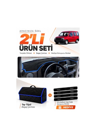 Fıat Doblo 2000-2008 Airbagsiz Küçük Ekran Uyumlu Torpido Örtüsü Tay Tüyü Çanta Seti - Siyah Mavi