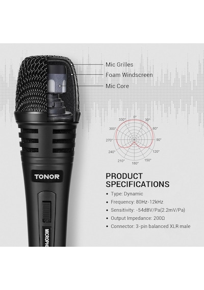 Tonor K1 Kablolu Dinamik Karaoke Mikrofonu - Tak Çalıştır El Mikrofonu 3m Kablolu