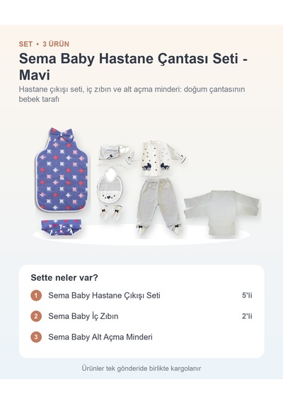Sema Baby Hastane Çantası Seti 3 Parça: Hastane Çıkışı Seti + İç Zıbın + Alt Açma Minderi - Mavi