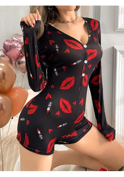 Avastyle Pamuklu Kırmızı Ruj Desenli Düğmeli Uzun Kol Tulum Pijama Ava Çok Renkli